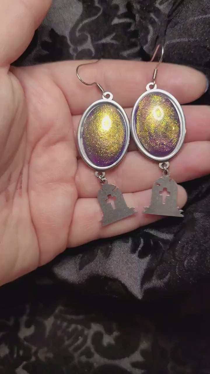 Stainless Steel Spooky Goth Dangle Green Multichrome Tombstone Earrings