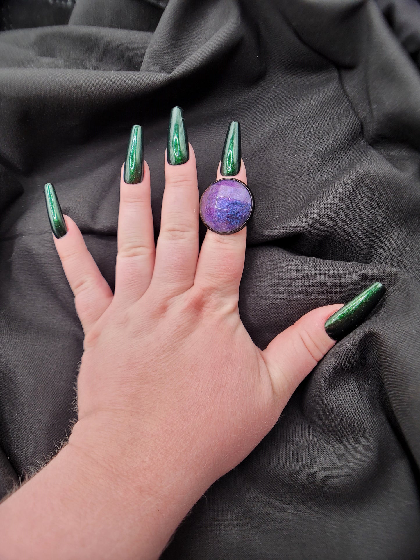 Black, Blue, and Purple Blurple Goth Resin Multichrome Faceted Resin Cabochon Ring on Adjustable Matte Black Base