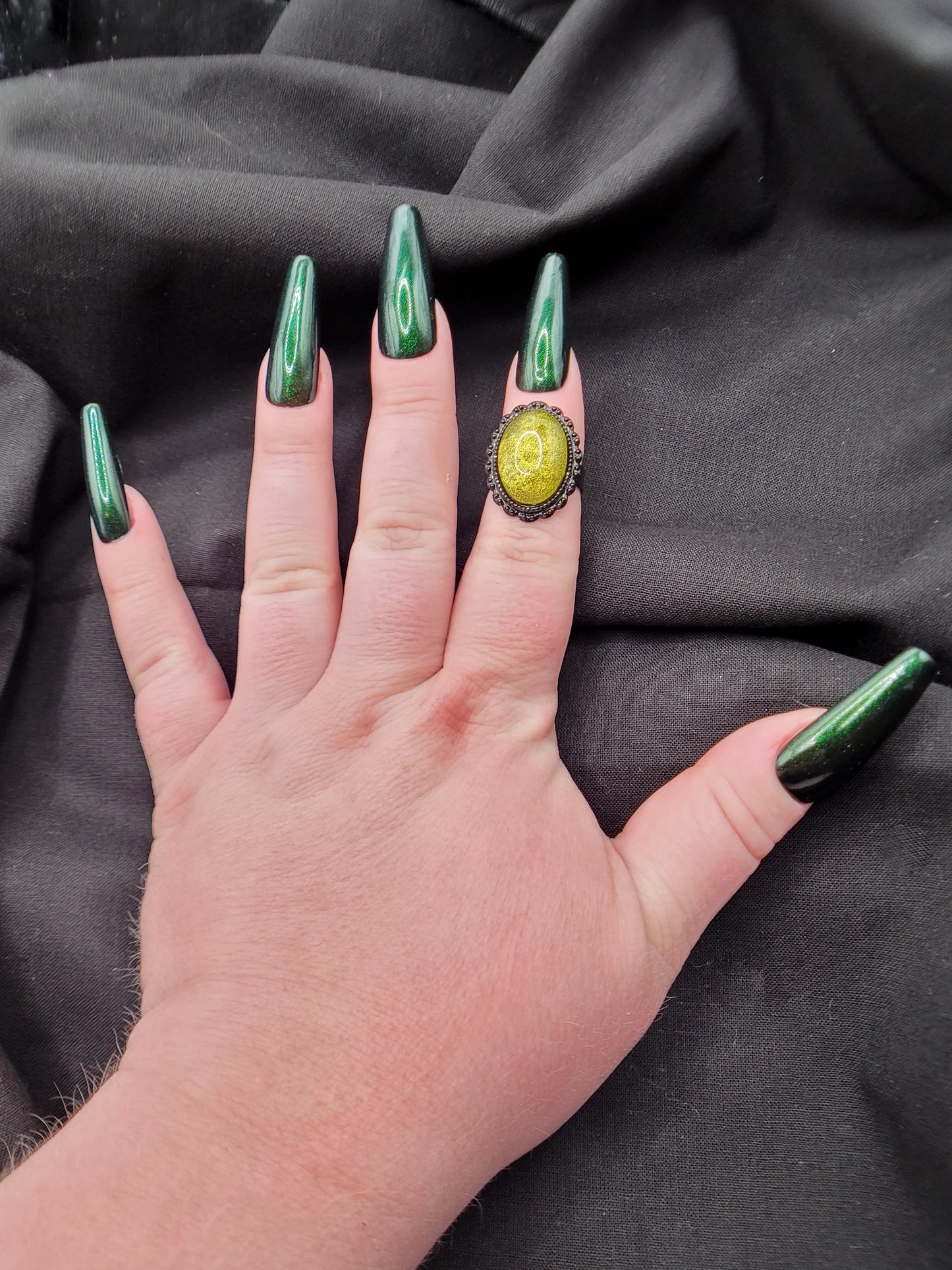 Black and Green Sparkle Resin Ring on Adjustable Black Band