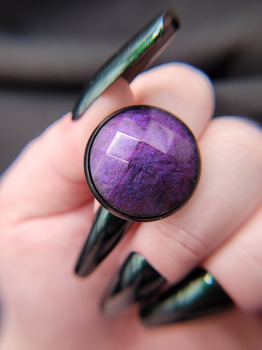 Black, Blue, and Purple Blurple Goth Resin Multichrome Faceted Resin Cabochon Ring on Adjustable Matte Black Base