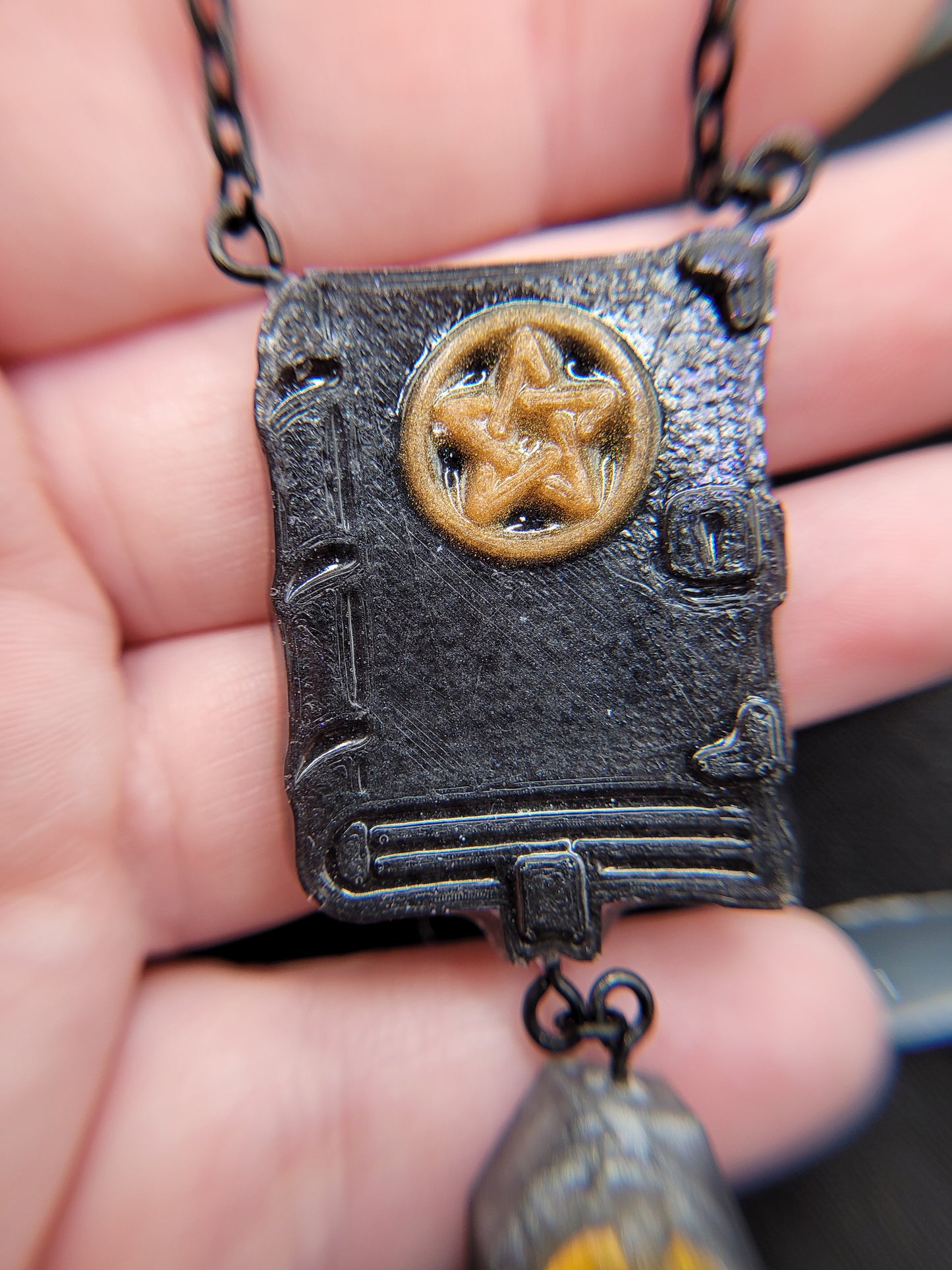 Black, Silver, and Orange Resin Spell Book Tome and Coffin Necklace with Pentacle Pentagram and Bat