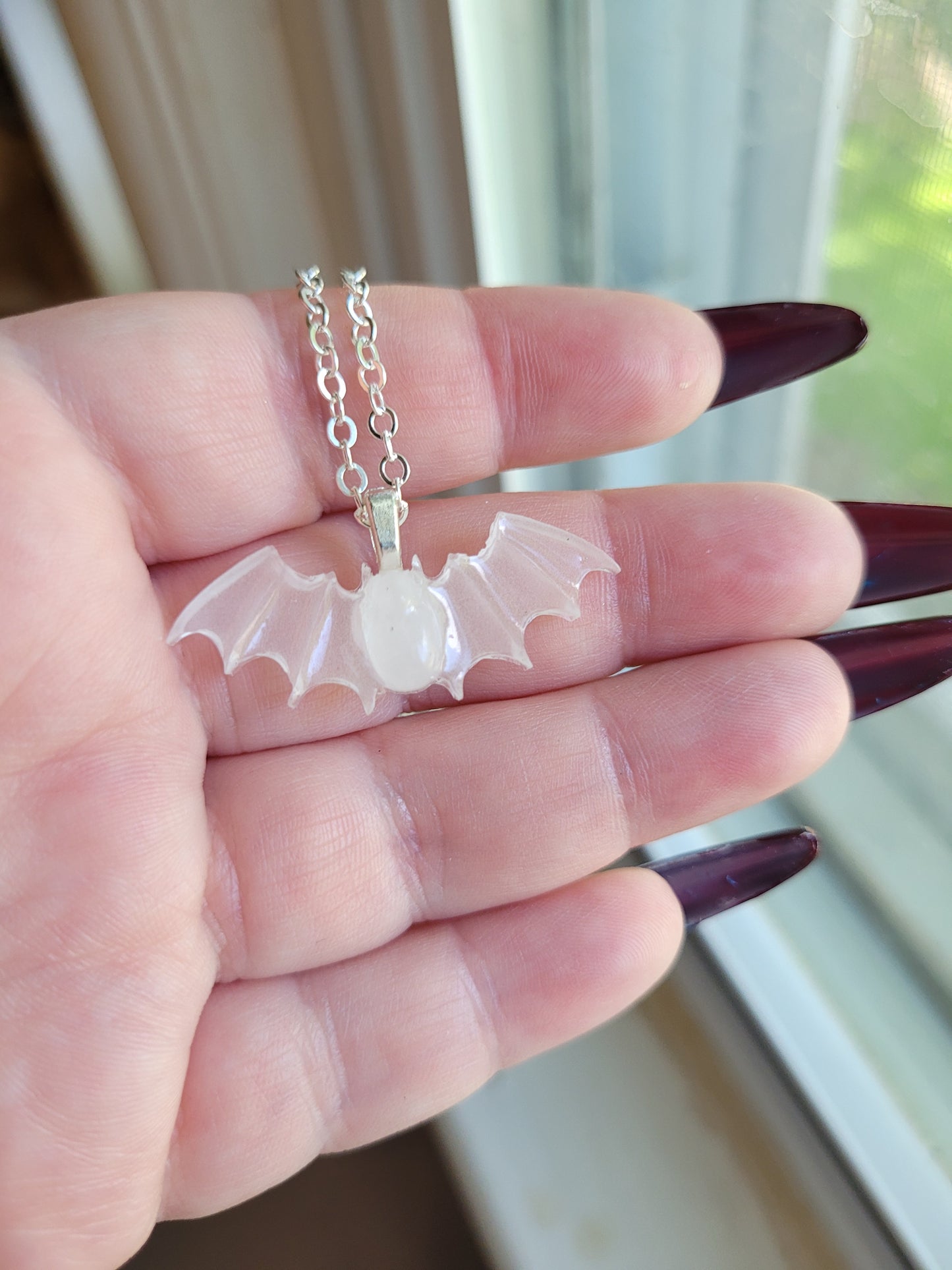 White Glow-in-the-Dark Resin Bat Necklace