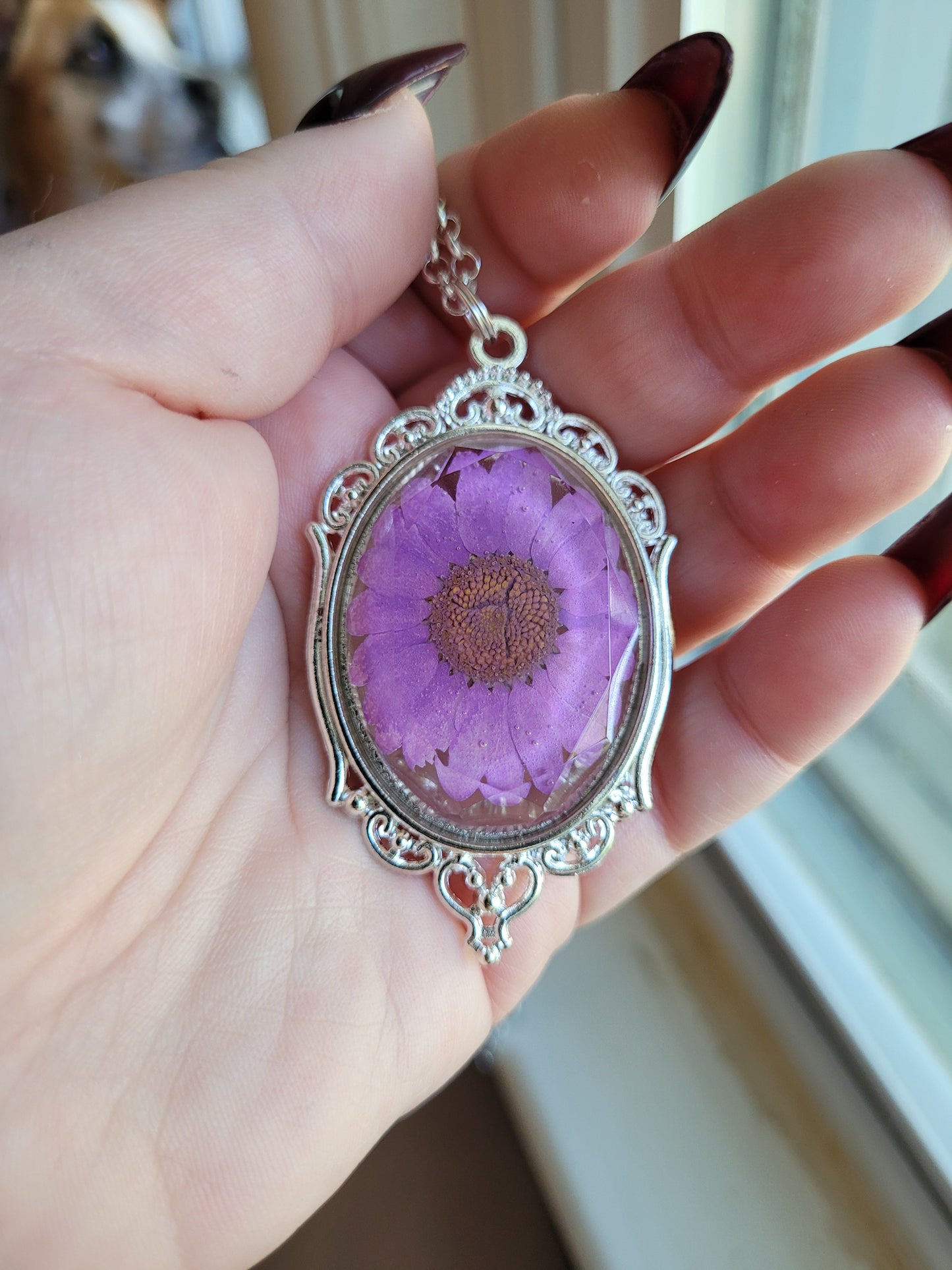 Purple and Silver Resin Pressed Daisy Pendant Necklace