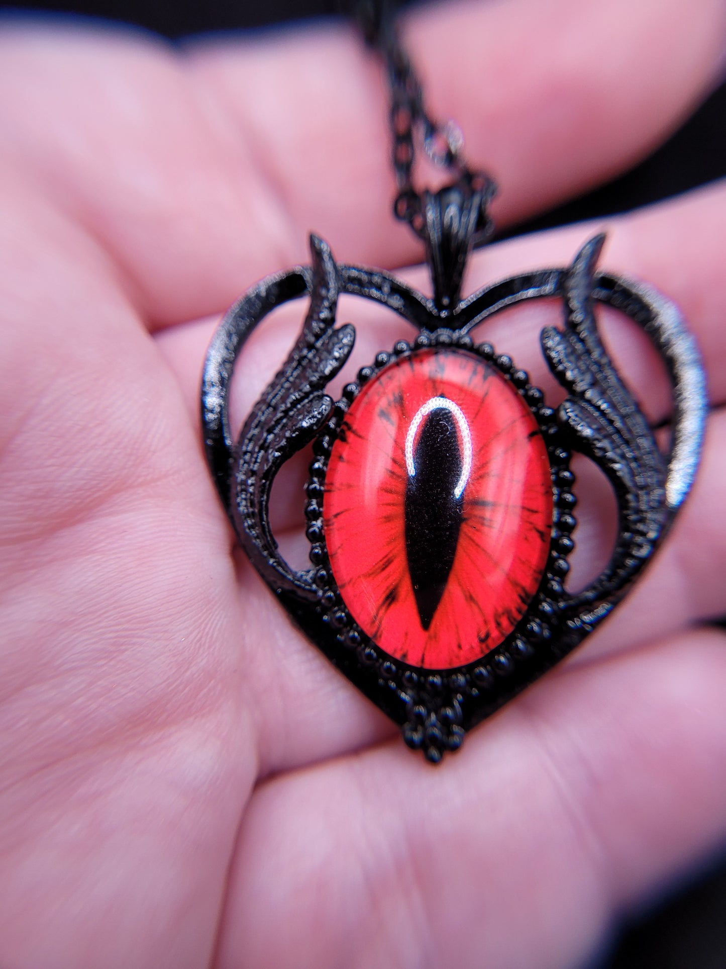 Black and Green or Red Dragon Eye Eyeball RPG DnD TTRPG Gamer Pendant with Black Winged Heart Frame