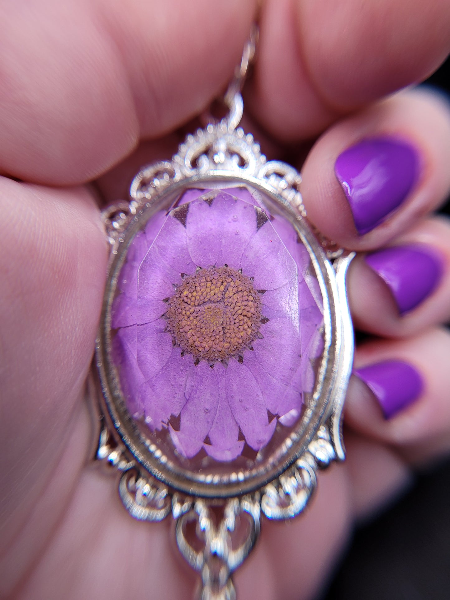 Purple and Silver Resin Pressed Daisy Pendant Necklace