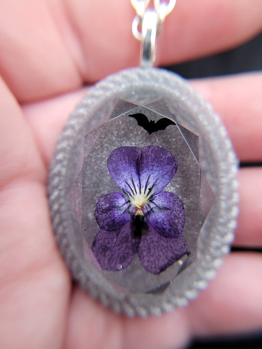 Goth Silver and Purple Pressed Pansy Resin Pendant with Black Bat Glitter