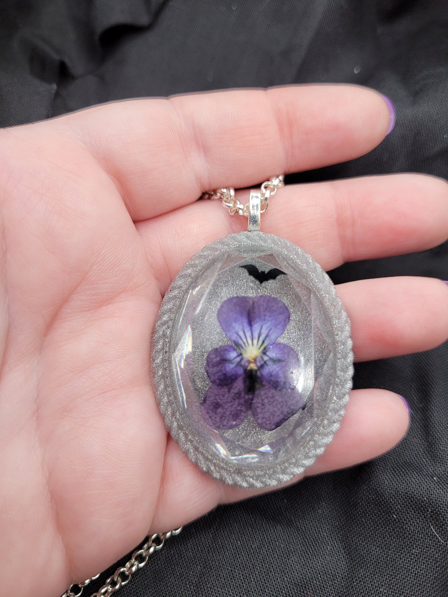 Goth Silver and Purple Pressed Pansy Resin Pendant with Black Bat Glitter