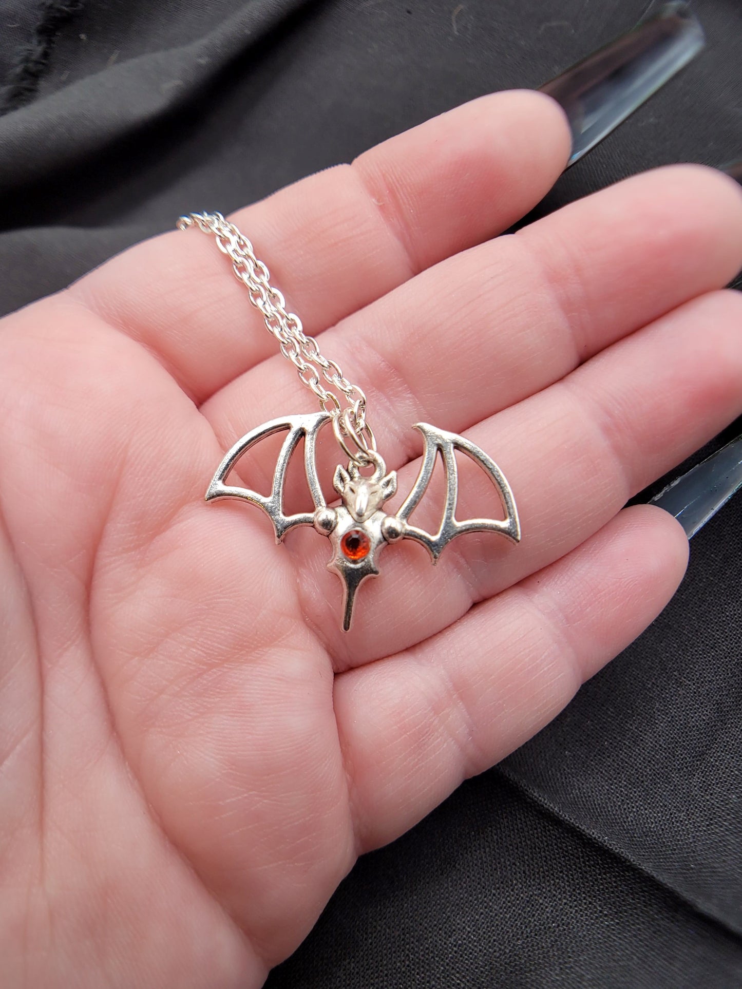 Goth Silver, Black, and Red Vampire Bat Charm Necklace