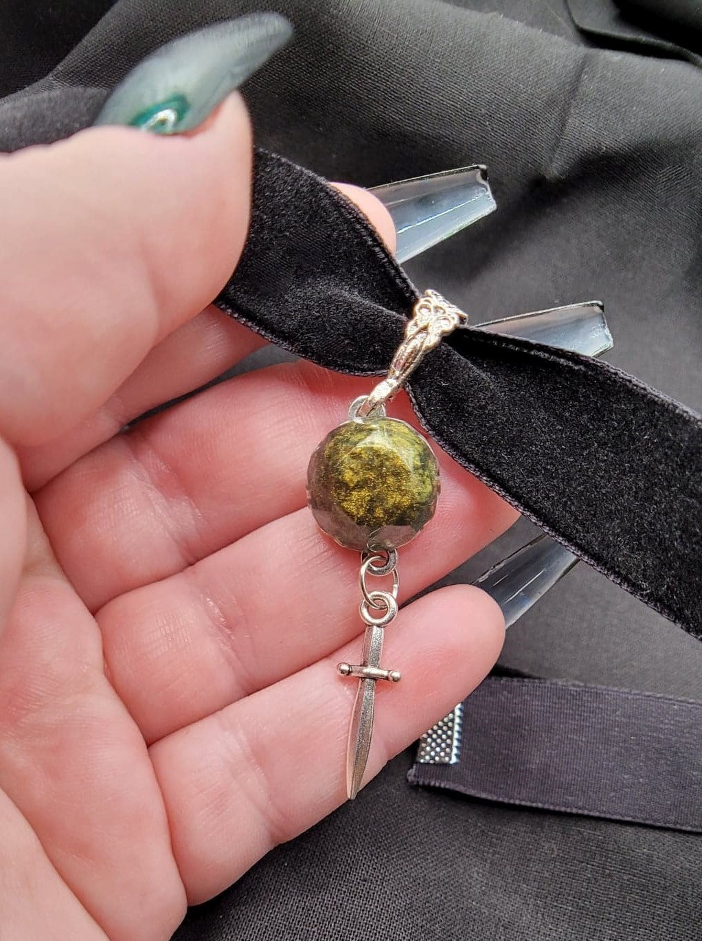 Silver and Green Unique Handmade Goth RPG Velvet Dagger Choker with Resin Cabochon and Ornate Silver Bail