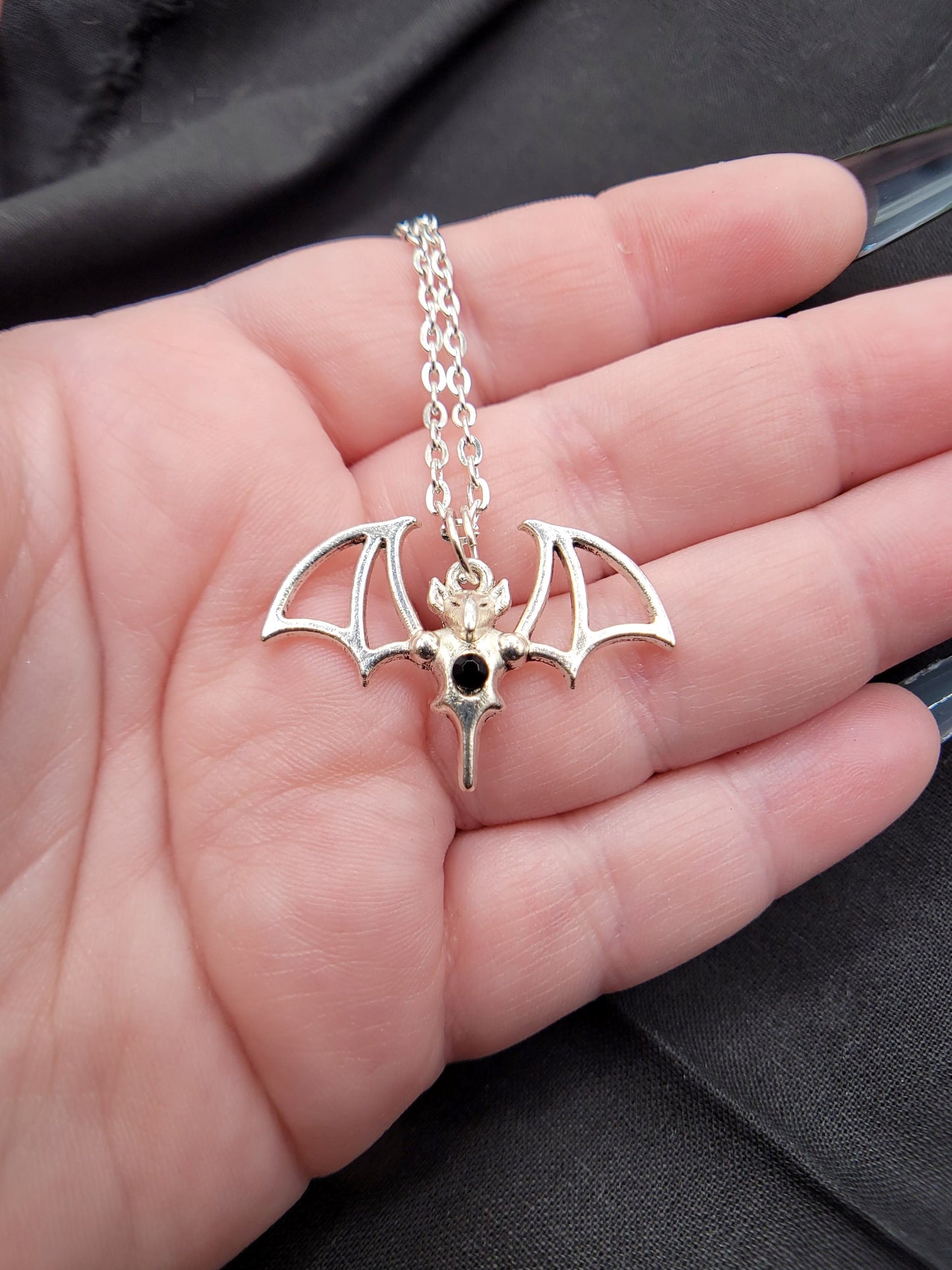 Goth Silver, Black, and Red Vampire Bat Charm Necklace