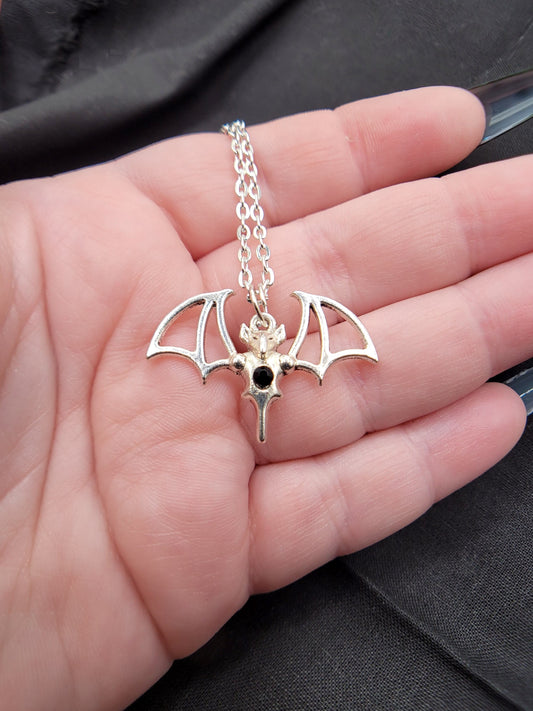 Goth Silver, Black, and Red Vampire Bat Charm Necklace