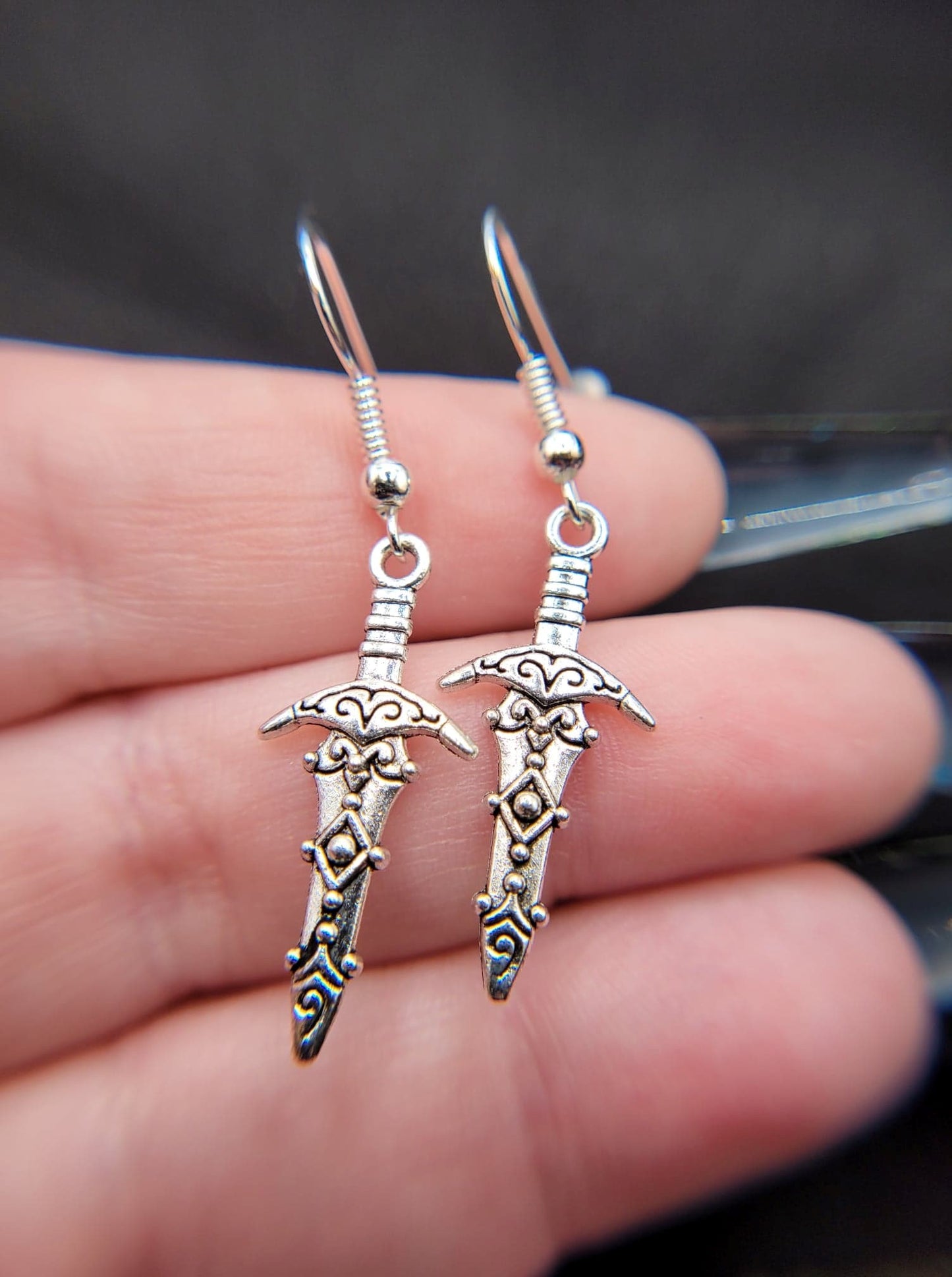 Silver Ornate Dagger Charm DnD RPG Fantasy Earrings