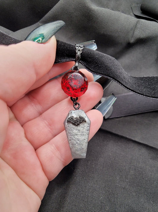 Gothic Black, Gray, and Blood Red Velvet Bat Coffin Choker with Faceted Resin Cabochon and Ornate Black Bail