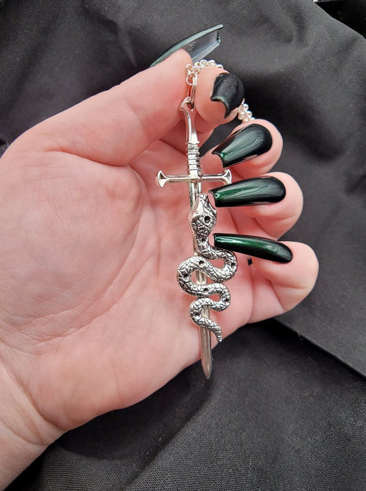 Silver Gothic Occult Fantasy Sword Serpent Snake Charm Pendant Necklace