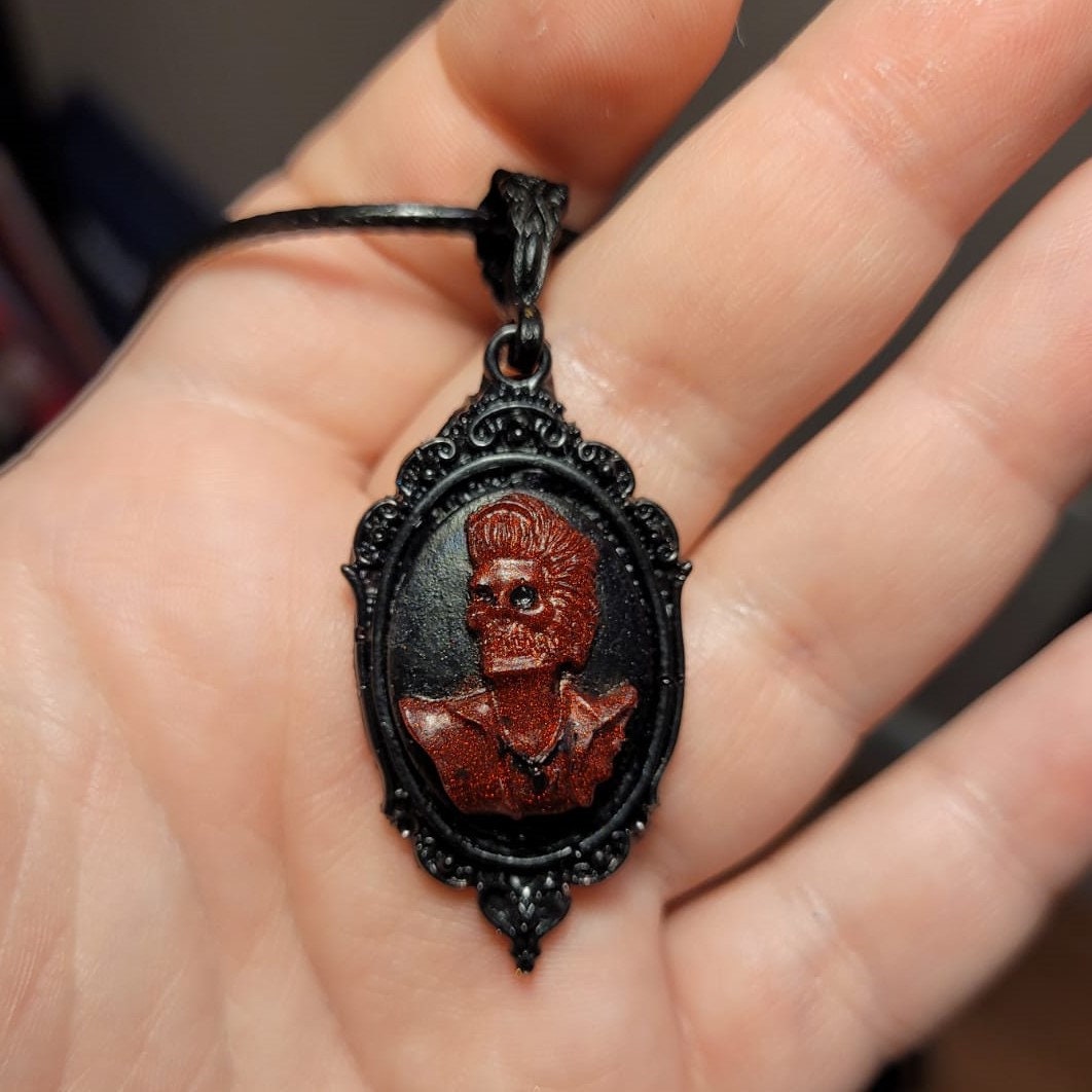 Spooky Red and Black Goth Skeleton Cameo Pendant Necklace