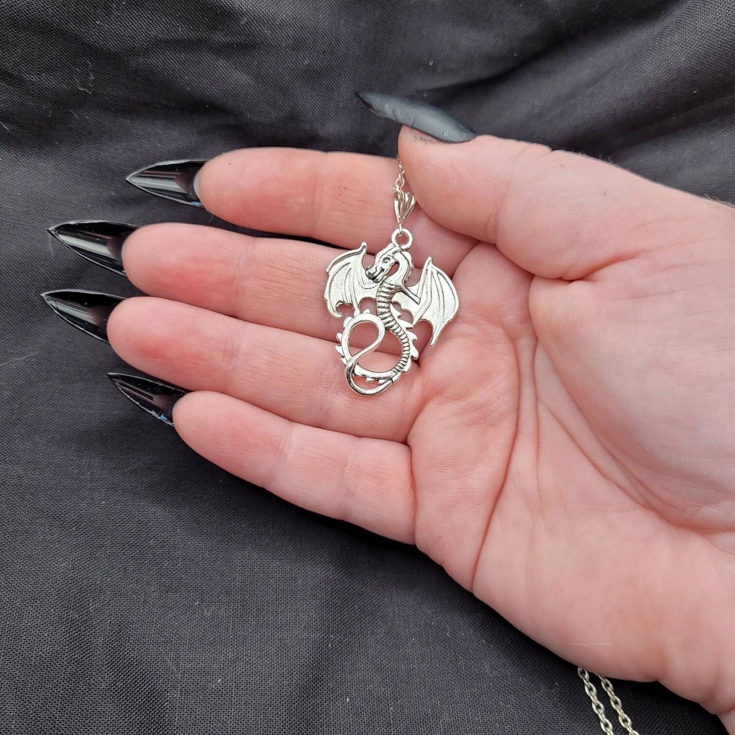 Fantasy DnD Cosplay RPG Silver Dragon Wyvern Earrings and Necklace Set