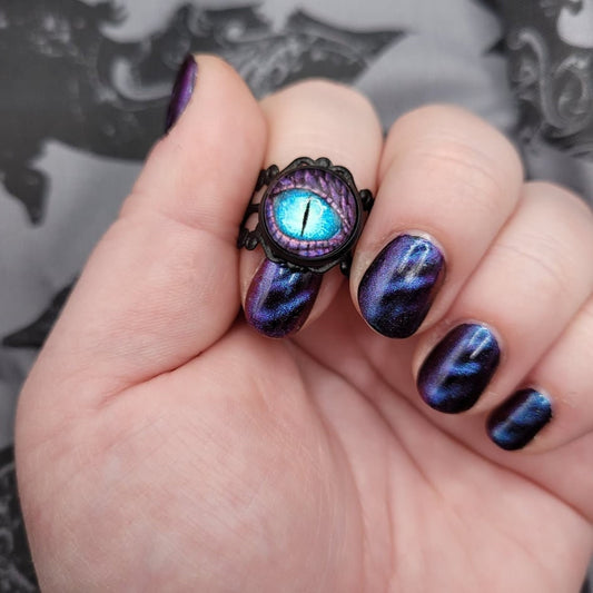 Adjustable Dragon Eye D&D Fantasy Ring on Filigree Black Band (Multiple Styles)