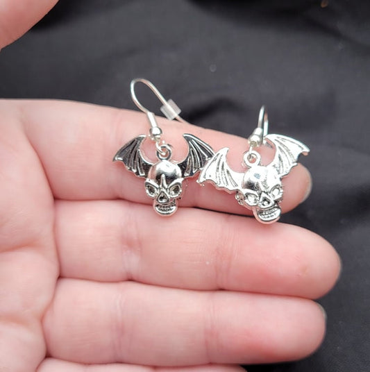 Silver Goth Winged Devil Demon Skull Charm Earrings