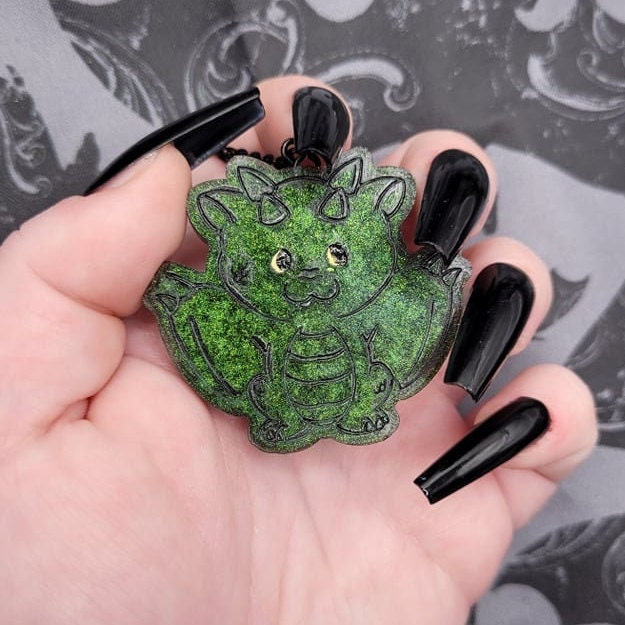 Cute Handmade Hand-Painted Fantasy D&D RPG Green Multichrome Resin Dragon Pendant Necklace