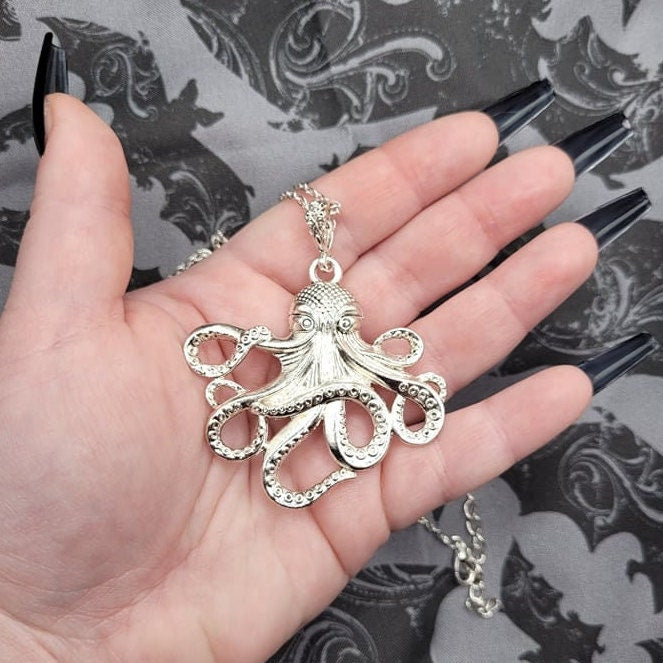 Silver Octopus Pendant Necklace with Ornate Silver Bail