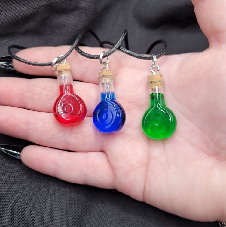 Handmade Nerdy Fantasy RPG Health, Mana, and Stamina Potion Resin Necklaces