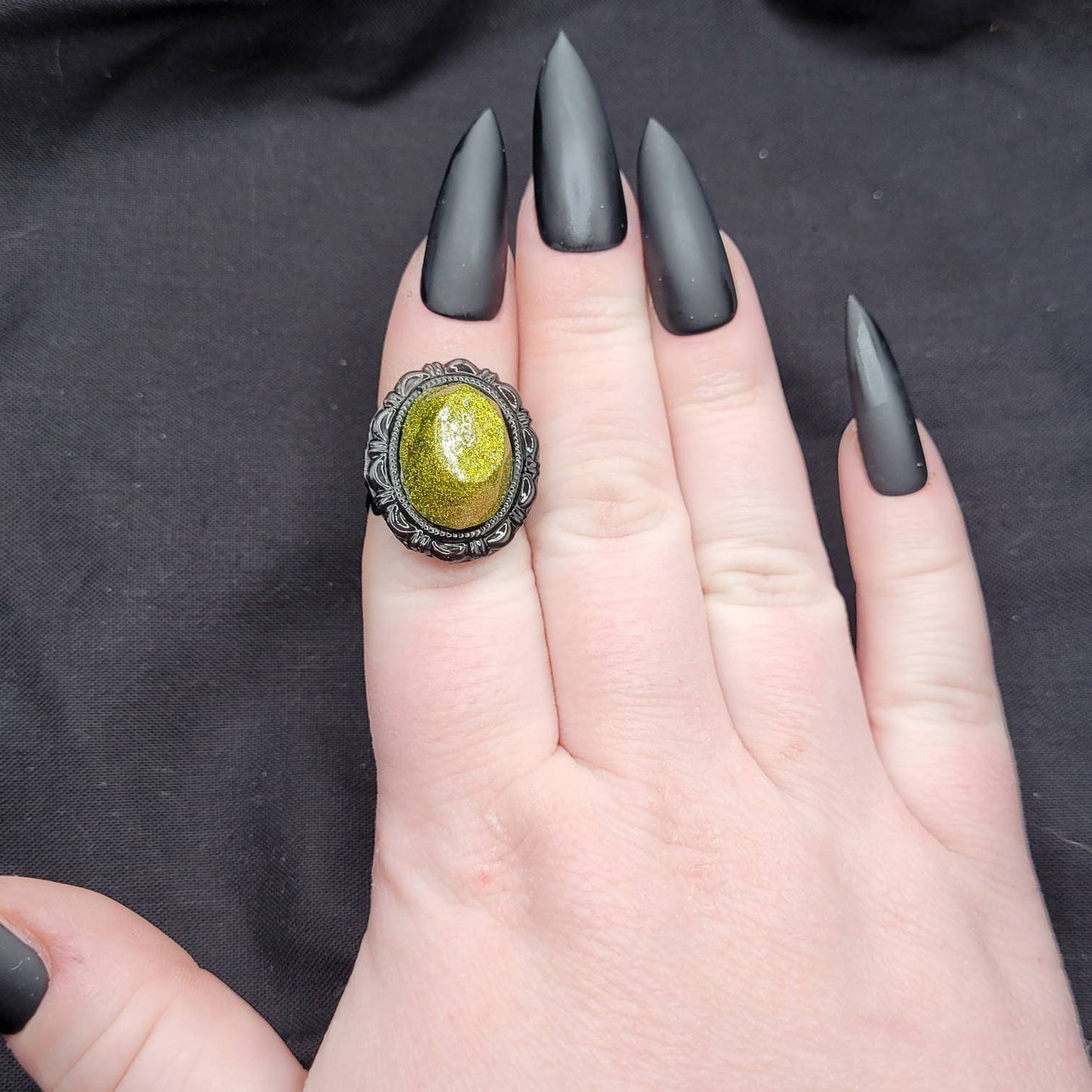 Unique Goth Handmade Adjustable Black and Green Sparkly Fantasy Resin Ring