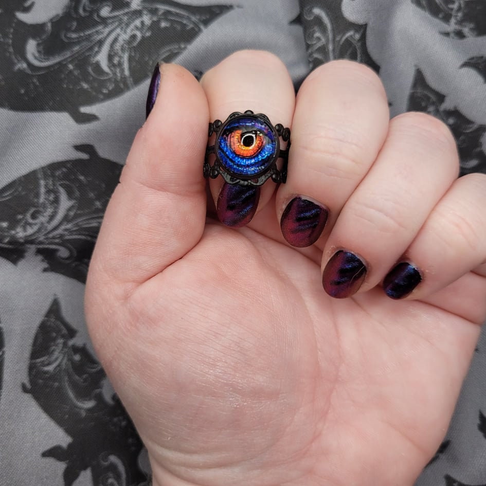 Adjustable Dragon Eye D&D Fantasy Ring on Filigree Black Band (Multiple Styles)