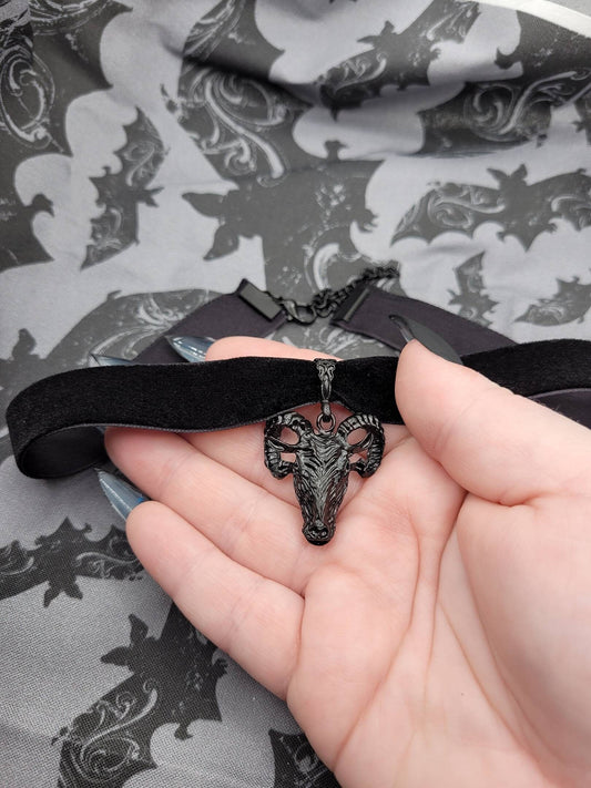 Black Goth Satanic Baphomet Ram Velvet Ribbon Choker
