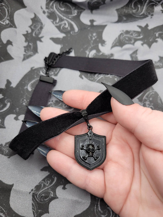 Goth Matte Black Skull and Crossbones Shield RPG Velvet Ribbon Choker