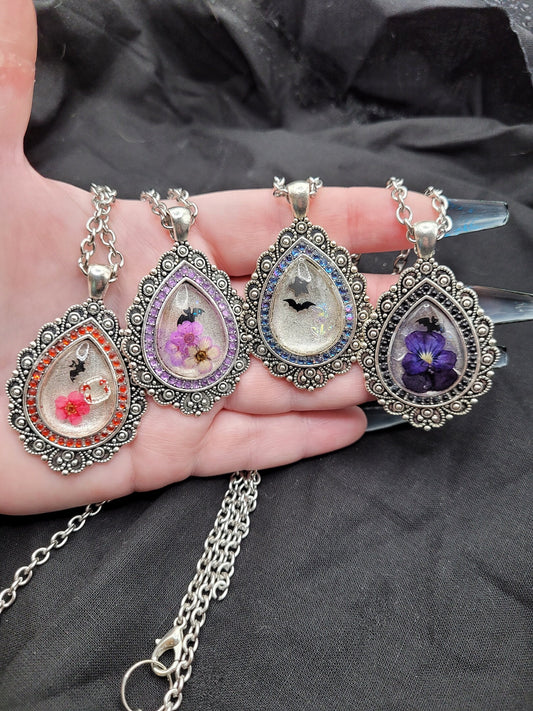 Silver Teardrop Goth Resin Bat Pendant with Rhinestones (Multiple Styles)