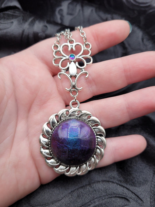 Multi-Strand Fantasy Elven Multichrome Faceted Blue, Purple, and Silver Dangle Necklace