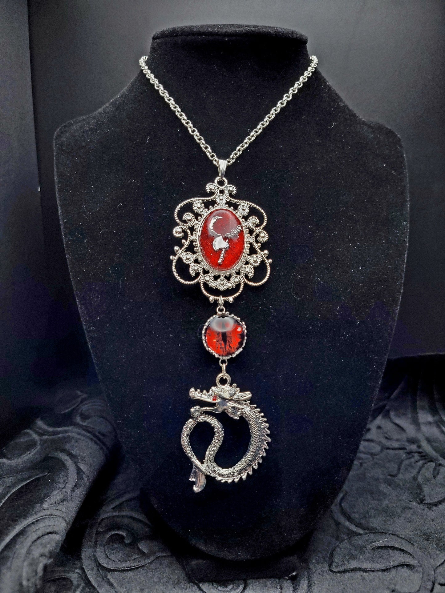 The Warrior: Red and Silver RPG Fantasy Dragon Necklace with Dragon Eye, Hand Axe, Moon, and Bat