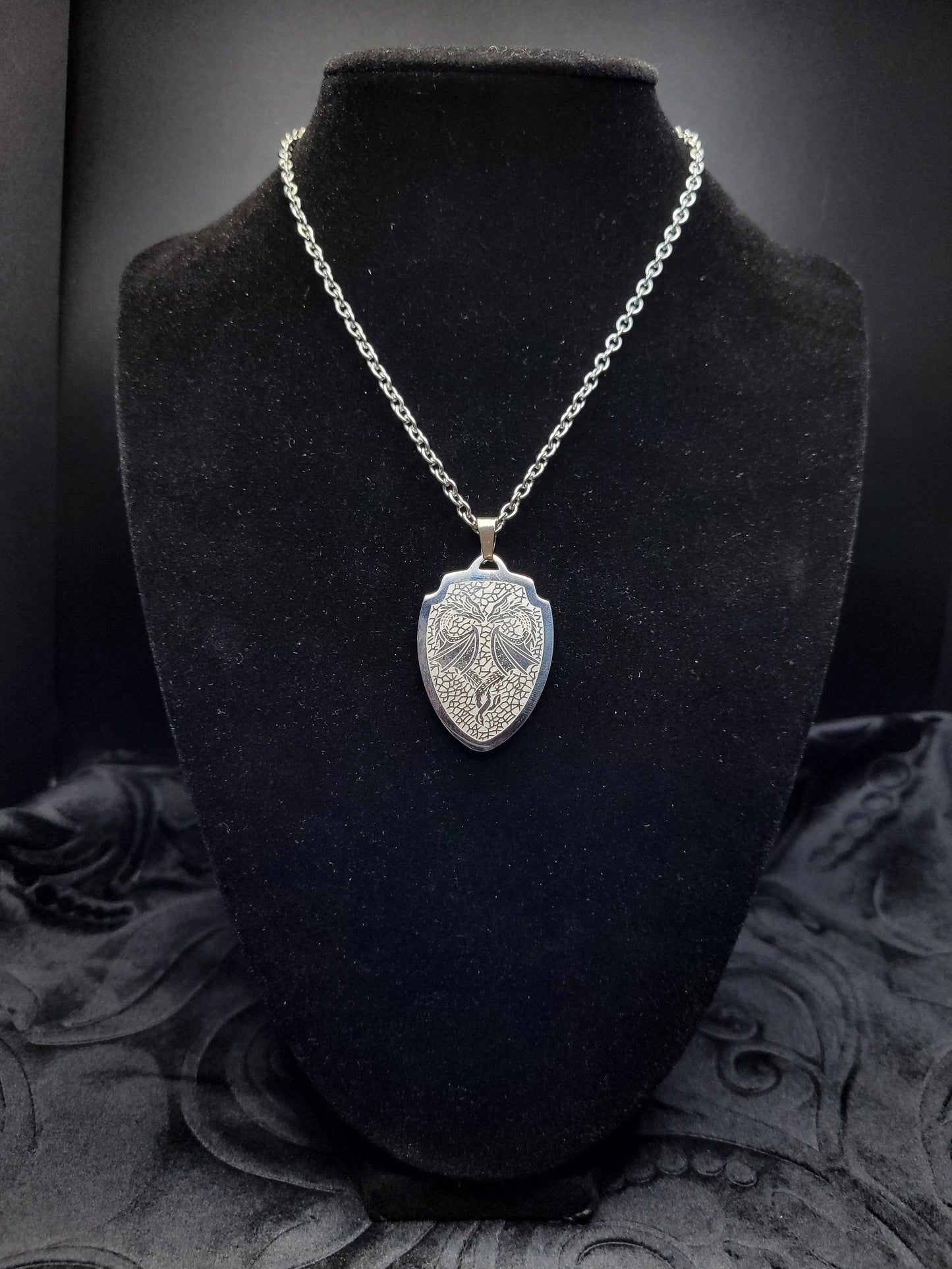 Stainless Steel Fantasy DND RPG Dragon Shield Necklace (multiple styles)