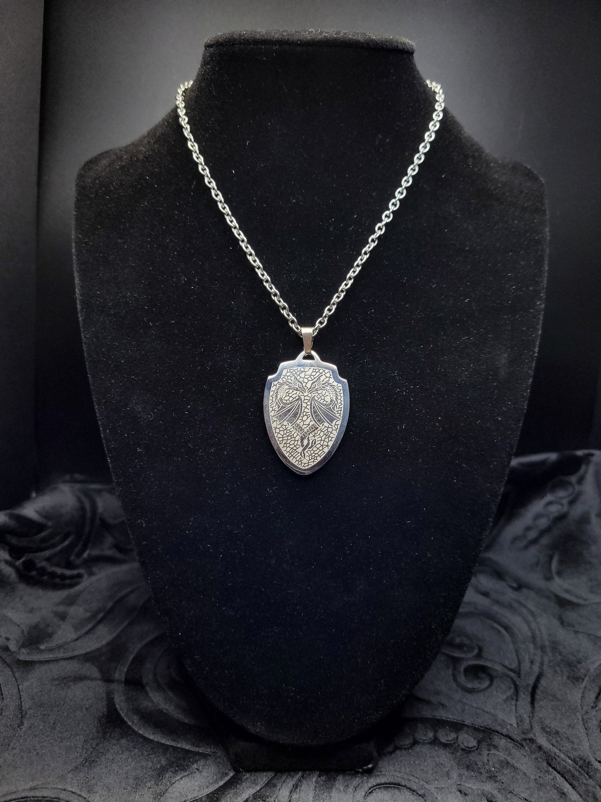Stainless Steel Fantasy DND RPG Dragon Shield Necklace (multiple styles)