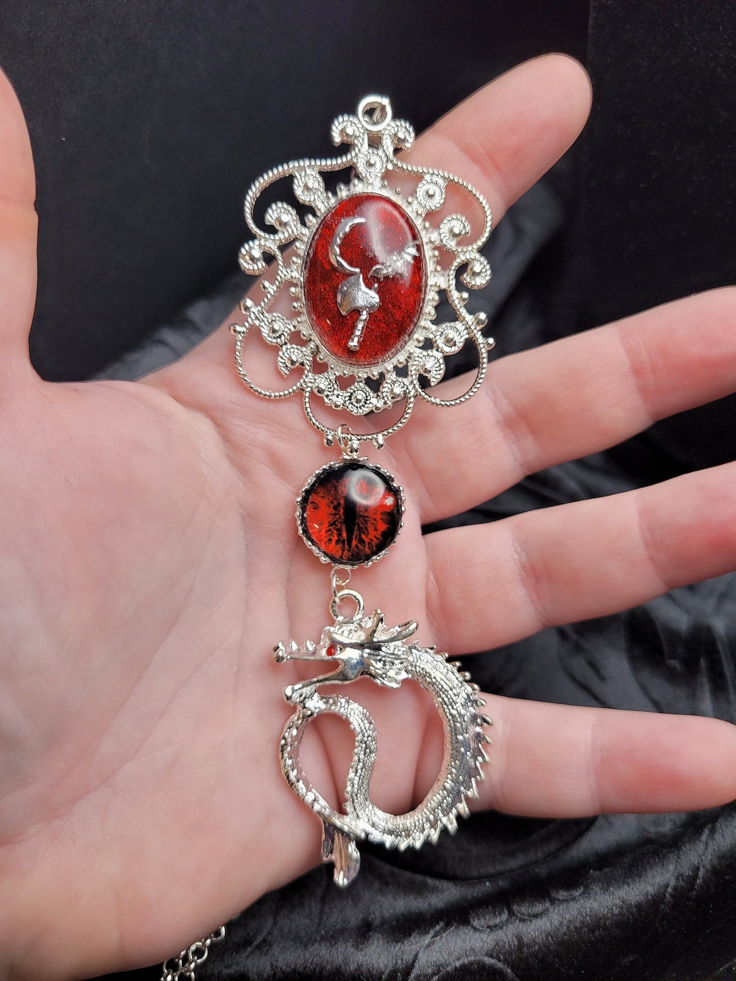 The Warrior: Red and Silver RPG Fantasy Dragon Necklace with Dragon Eye, Hand Axe, Moon, and Bat