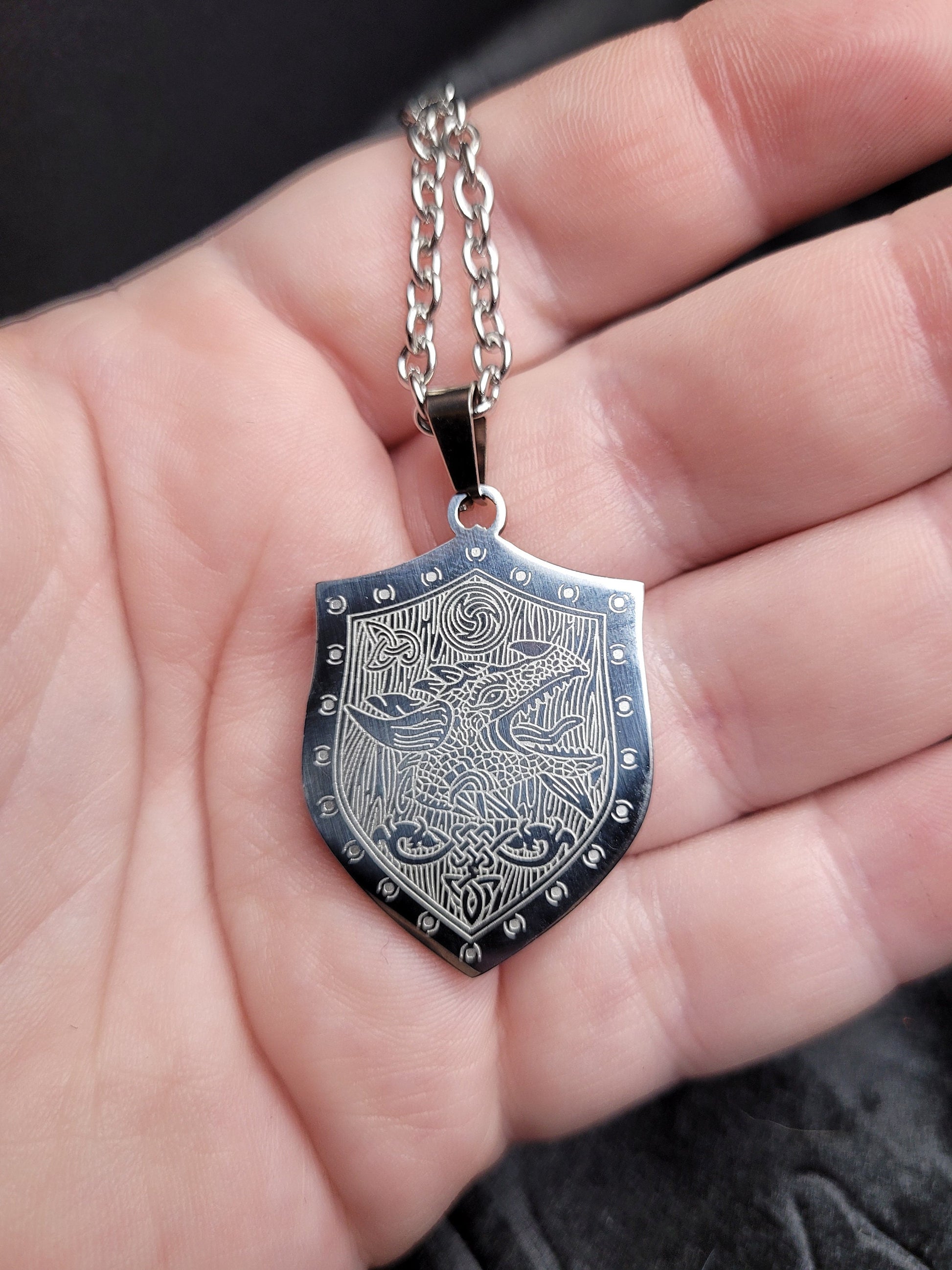 Stainless Steel Fantasy DND RPG Dragon Shield Necklace (multiple styles)