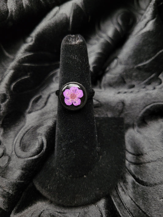 Goth Black Stainless Steel Adjustable Resin Pressed Flower Ring
