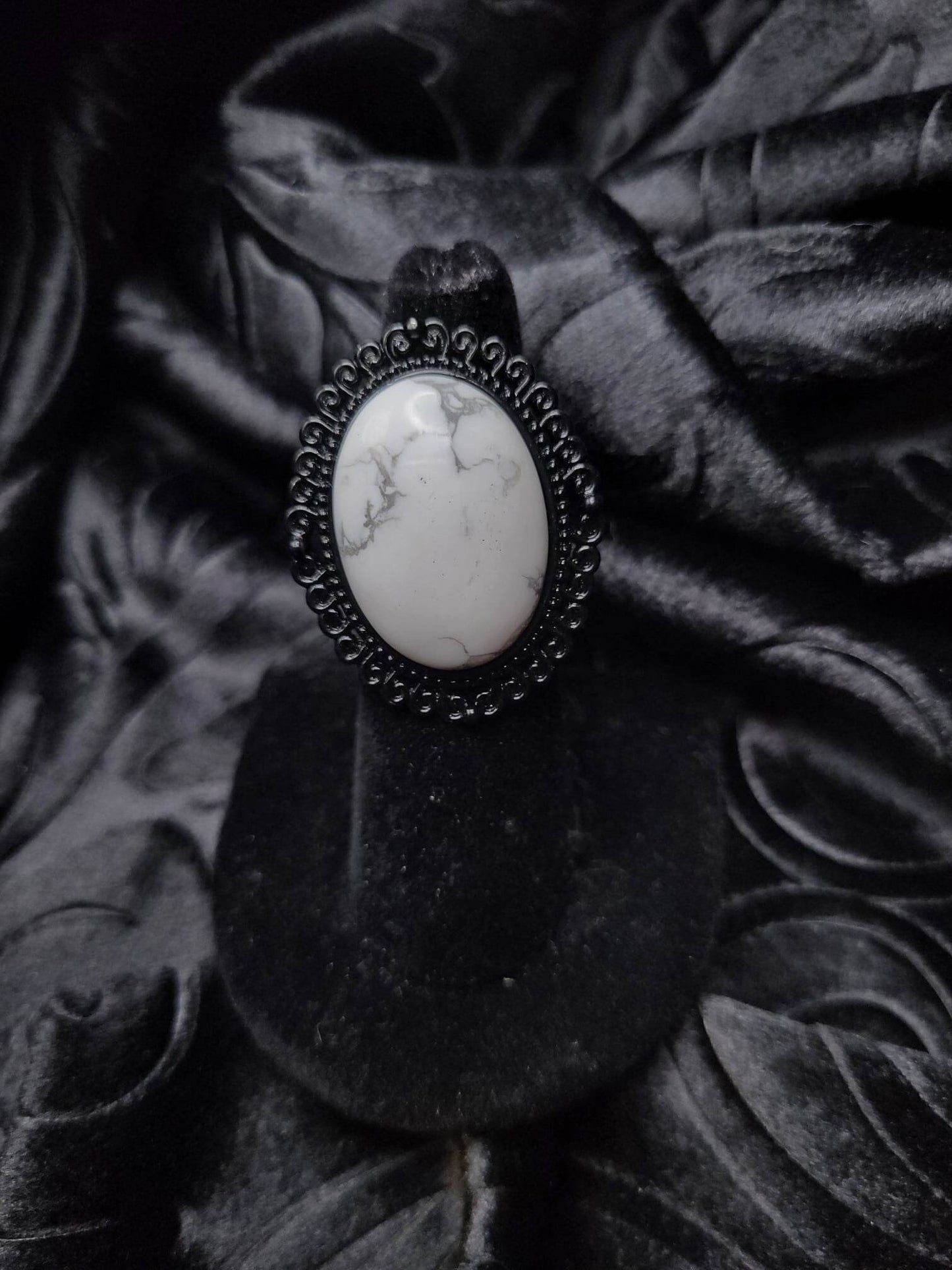 Goth Neoclassical Grecian Black and White Patterned Turquoise Cabochon Ring