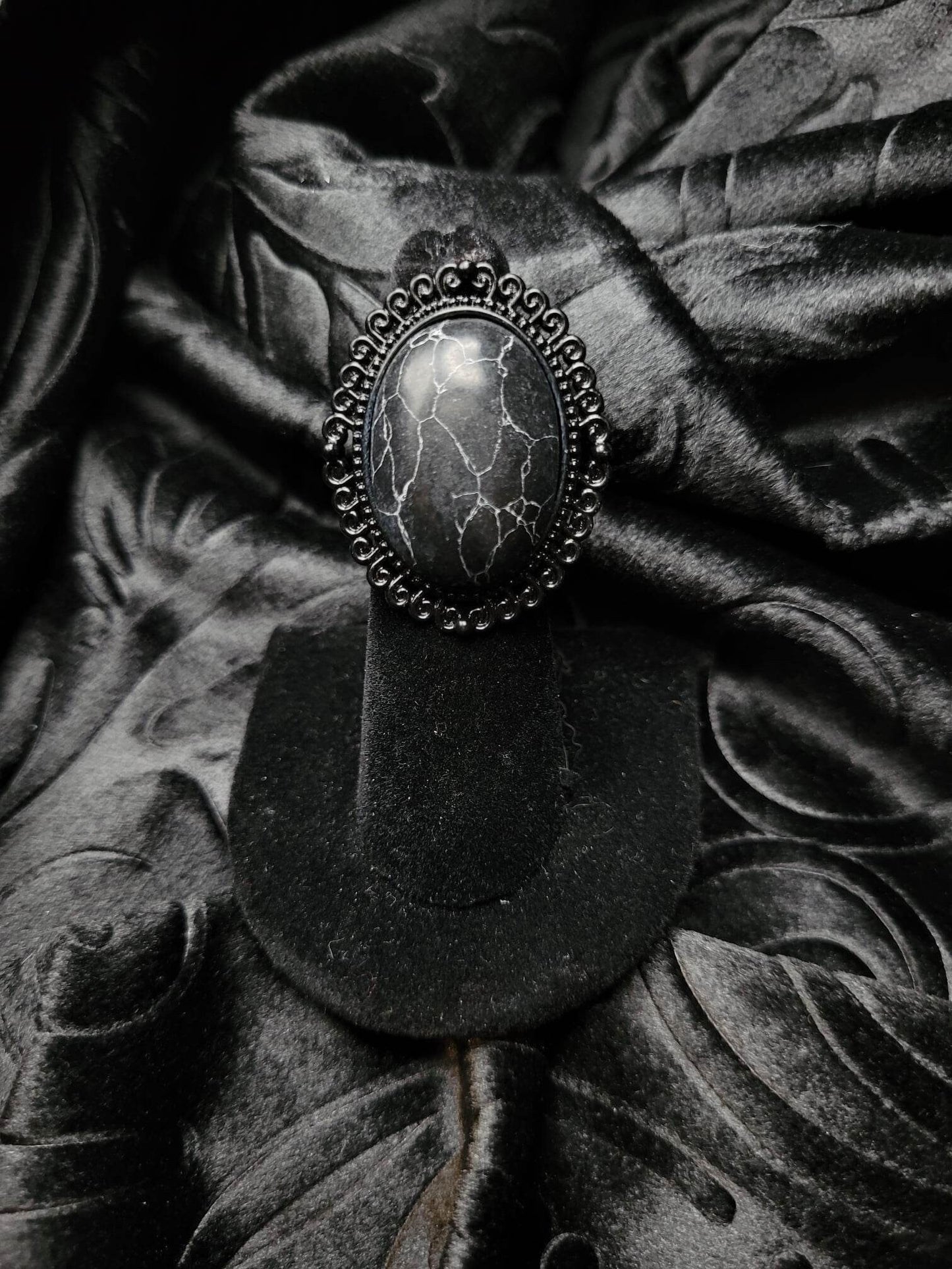 Goth Neoclassical Grecian Black and White Patterned Turquoise Cabochon Ring