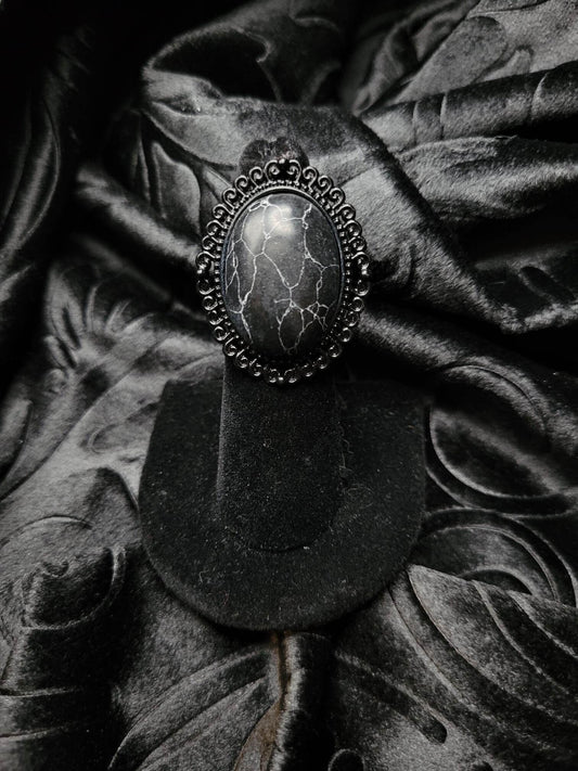 Goth Neoclassical Grecian Black and White Patterned Turquoise Cabochon Ring
