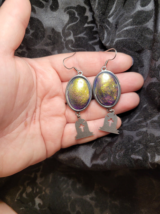 Stainless Steel Spooky Goth Dangle Green Multichrome Tombstone Earrings
