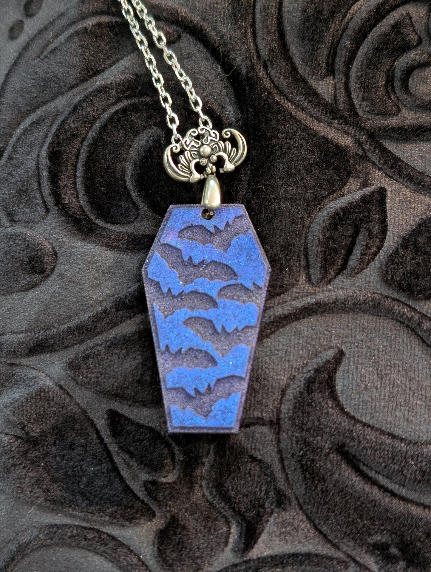 Holographic Blue Resin Bat Coffin Necklace with Sterling Silver Bat Bail and Chain