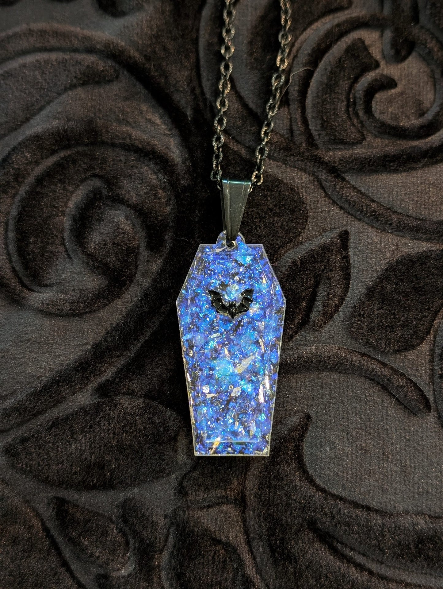 Black and Blue Opalescent Resin Coffin Glitter Flake Pendant with Bat and Stainless Steel Bail and Chain