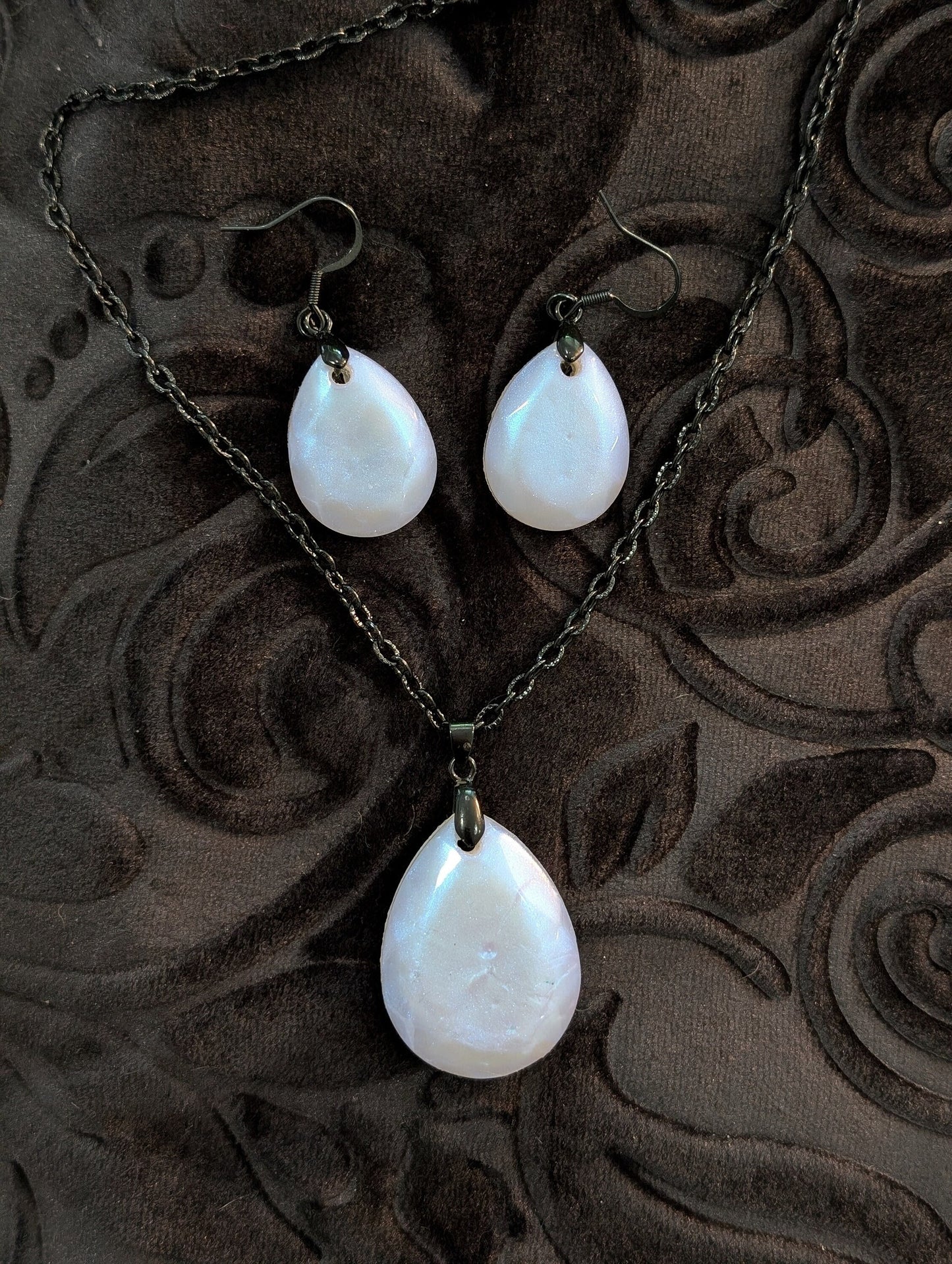 Matching Pale Blue and Black Pastel Goth Resin Teardrop Earrings and Necklace Set