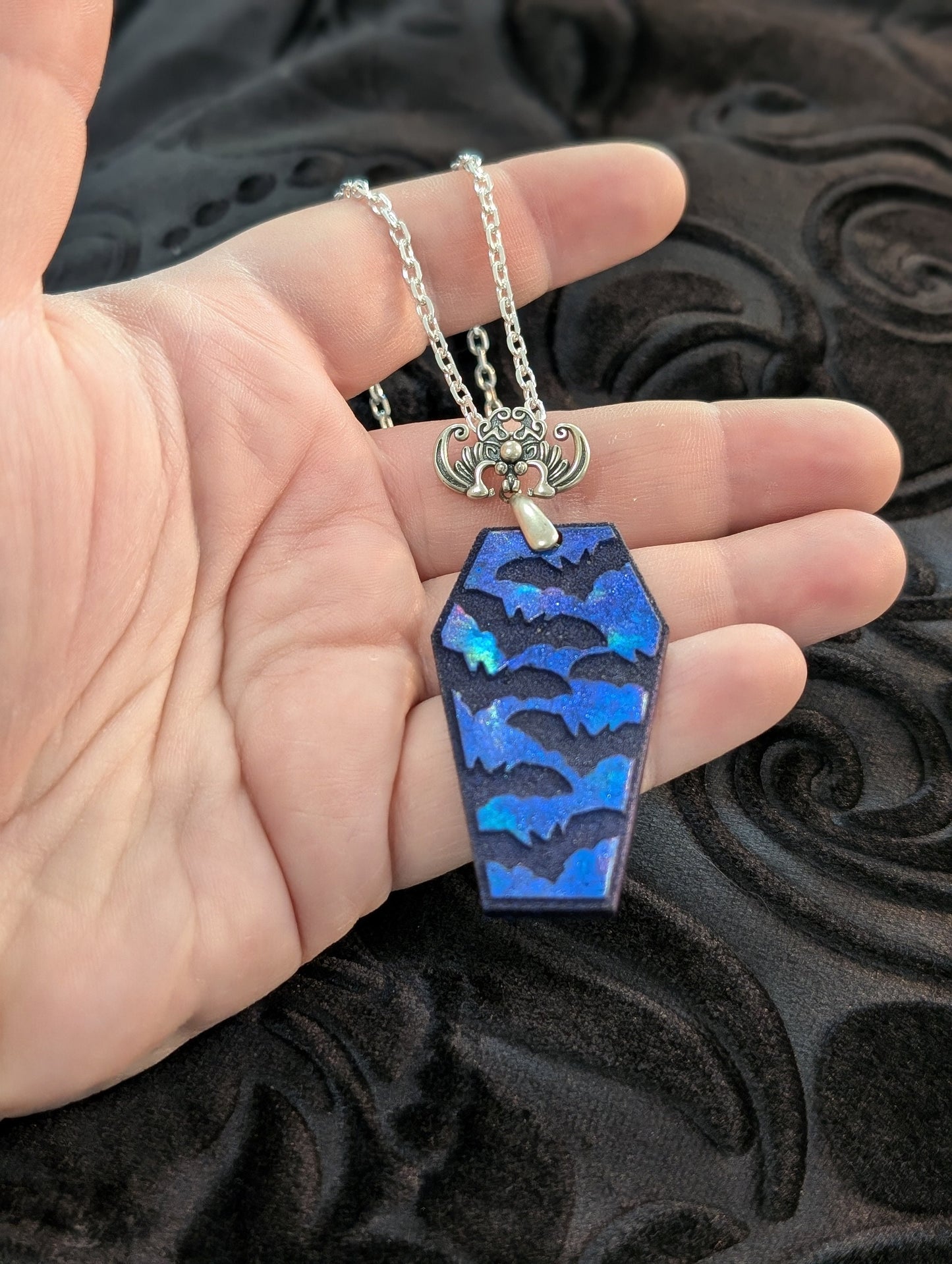 Holographic Blue Resin Bat Coffin Necklace with Sterling Silver Bat Bail and Chain