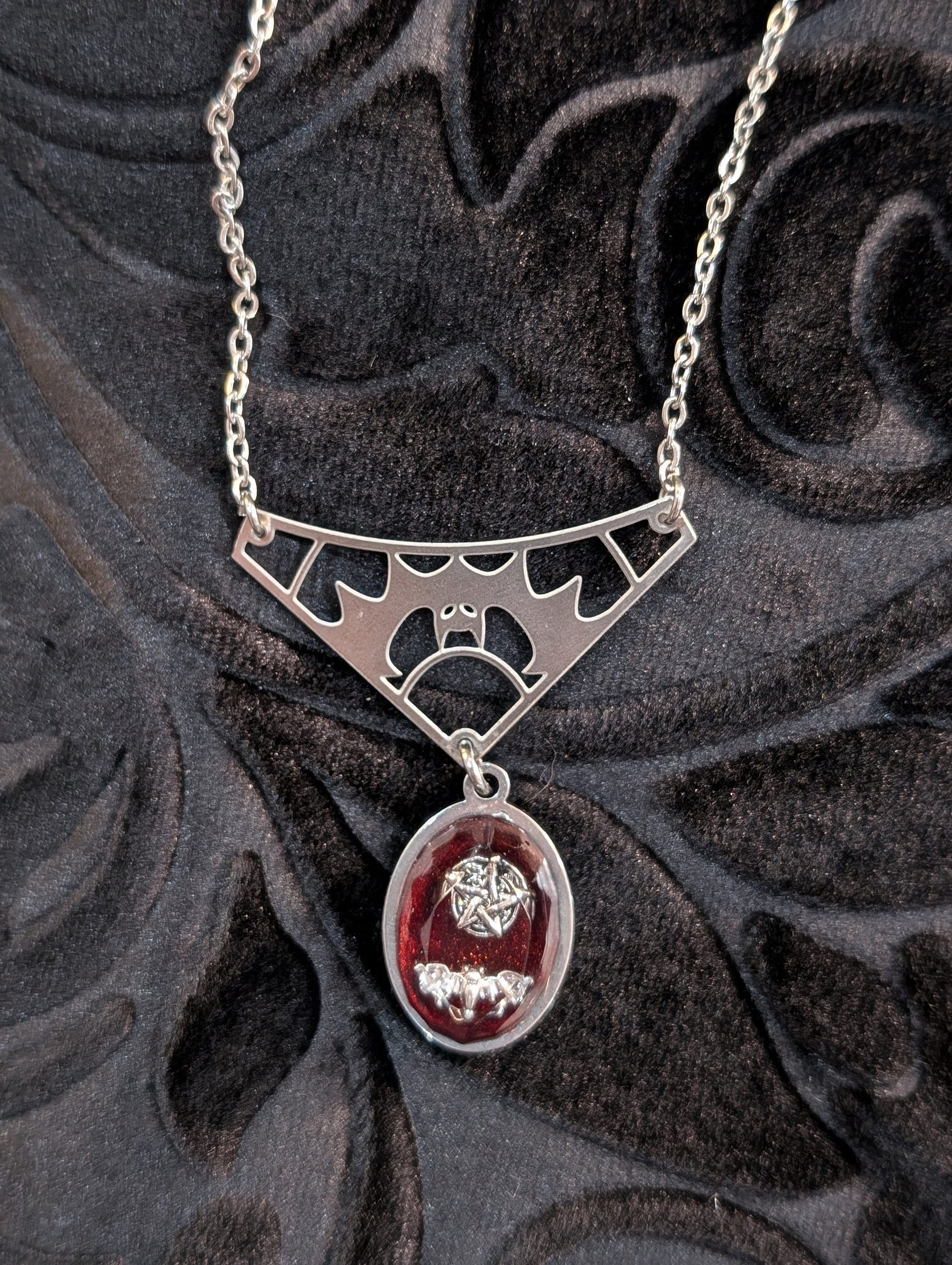 Going Batty Stainless Steel and Red Resin Bat and Pentacle Pentagram Necklace