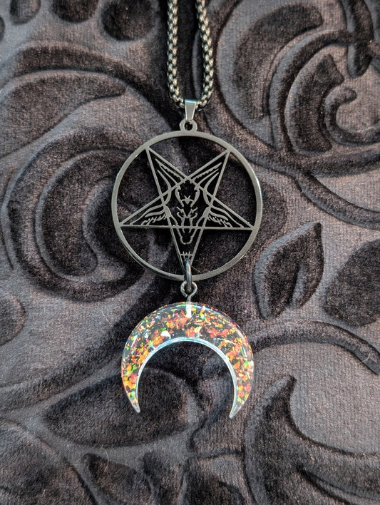 Black Stainless Steel and Opalescent Red Flame Glitter Moon and Baphomet Necklace