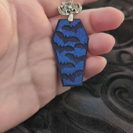 Holographic Blue Resin Bat Coffin Necklace with Sterling Silver Bat Bail and Chain