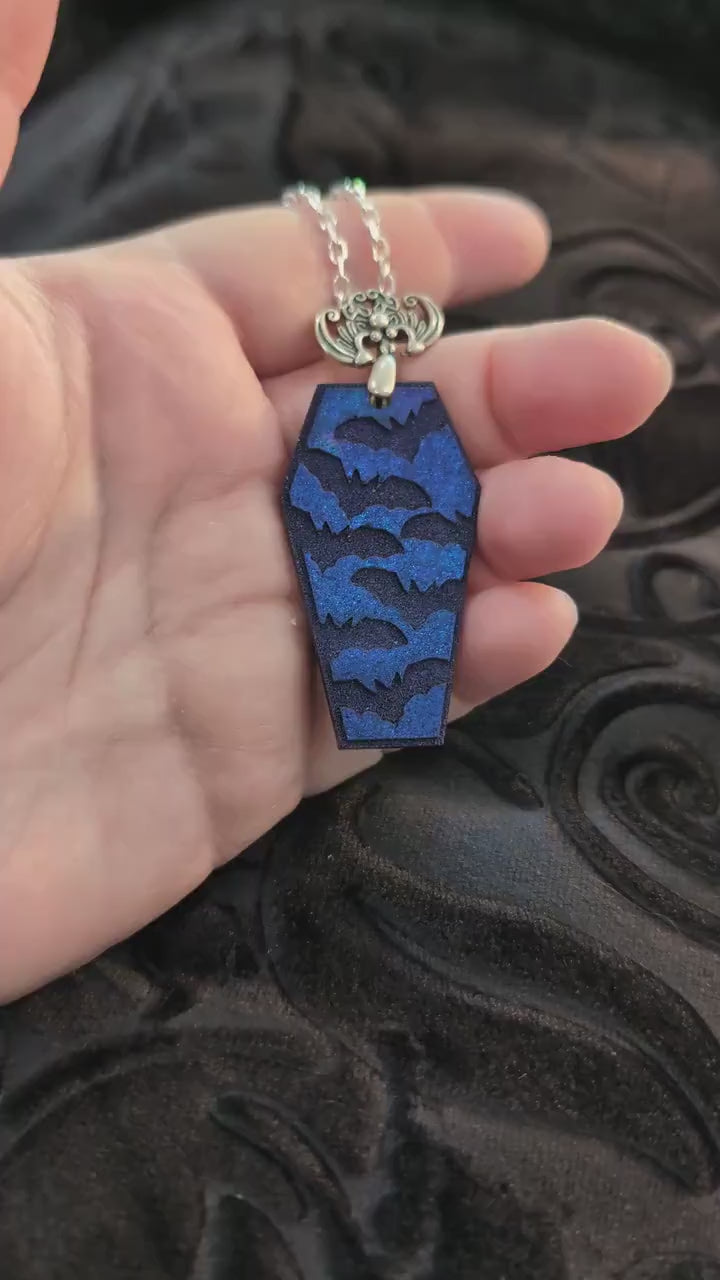 Holographic Blue Resin Bat Coffin Necklace with Sterling Silver Bat Bail and Chain