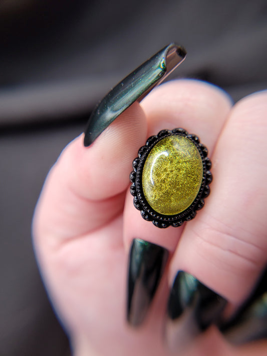 Black and Green Sparkle Resin Ring on Adjustable Black Band